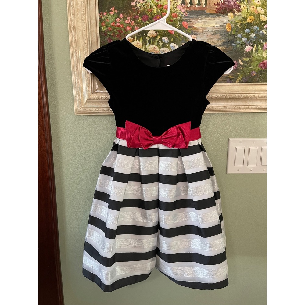 Jona Michelle Black Velvet Dress Girl's Sz 6 Bow Metallic Striped Black Silver